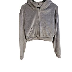 Skims Gray Velour Cropped Hooded Sweatshirt